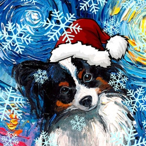 Digitale download van Papillon in kerstmuts Sterrennachtkunst door Aja PNG-bestand print je eigen kerstornament/wenskaart