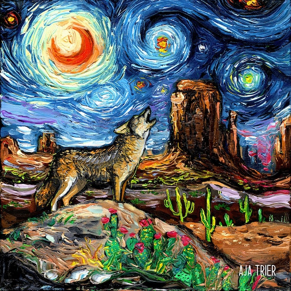 Southwest Art Starry Night Coyote Art CANVAS Print by Aja Wall Art