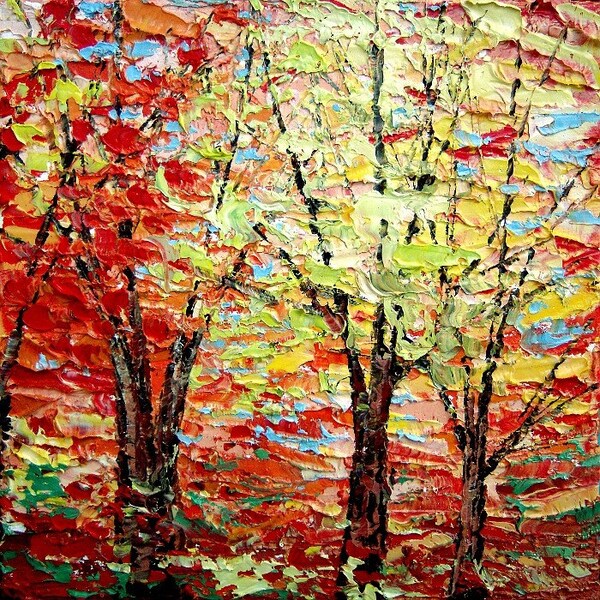 The Burning Season II - 8x8x1.5 inches impasto landscape original oil painting by Aja