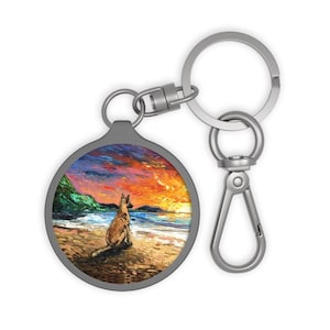Keychain Keyring Tag - Beach Days Belgian Malinois Shepherd Dog Key Chain School Bag Tag Pet Charm Art by Aja