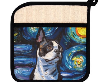 Pot Holder with Pocket - Boston Terrier Portrait Starry Night Dog Kitchen Hot Pad Potholder Cooking Kitchen Accessories Art by Aja