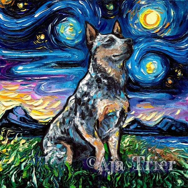 Blue Heeler Starry Night - Australian Cattle Dog Art CANVAS print by Aja, choose your size