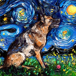 German Shepherd with ball Rectangular Art Starry Night Art Print dog cute art by Aja choose size type of paper