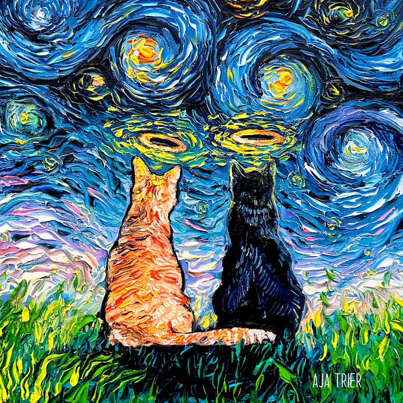May include: A painting of two cats sitting in front of a starry night sky. The cat on the left is orange and the cat on the right is black. The sky is painted in a swirling, abstract style with shades of blue, yellow, and white.