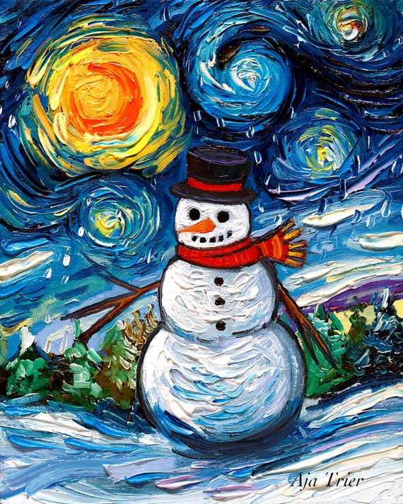 Frosty Night Snowman Starry Night Winter landscape print by Aja choose size Photo Paper or Watercolor Paper artwork home decor