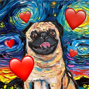 Digital Download Happy Fawn Pug Dog Valentine Starry Night art by Aja - PNG file to print your own greeting cards Valentine Gifts