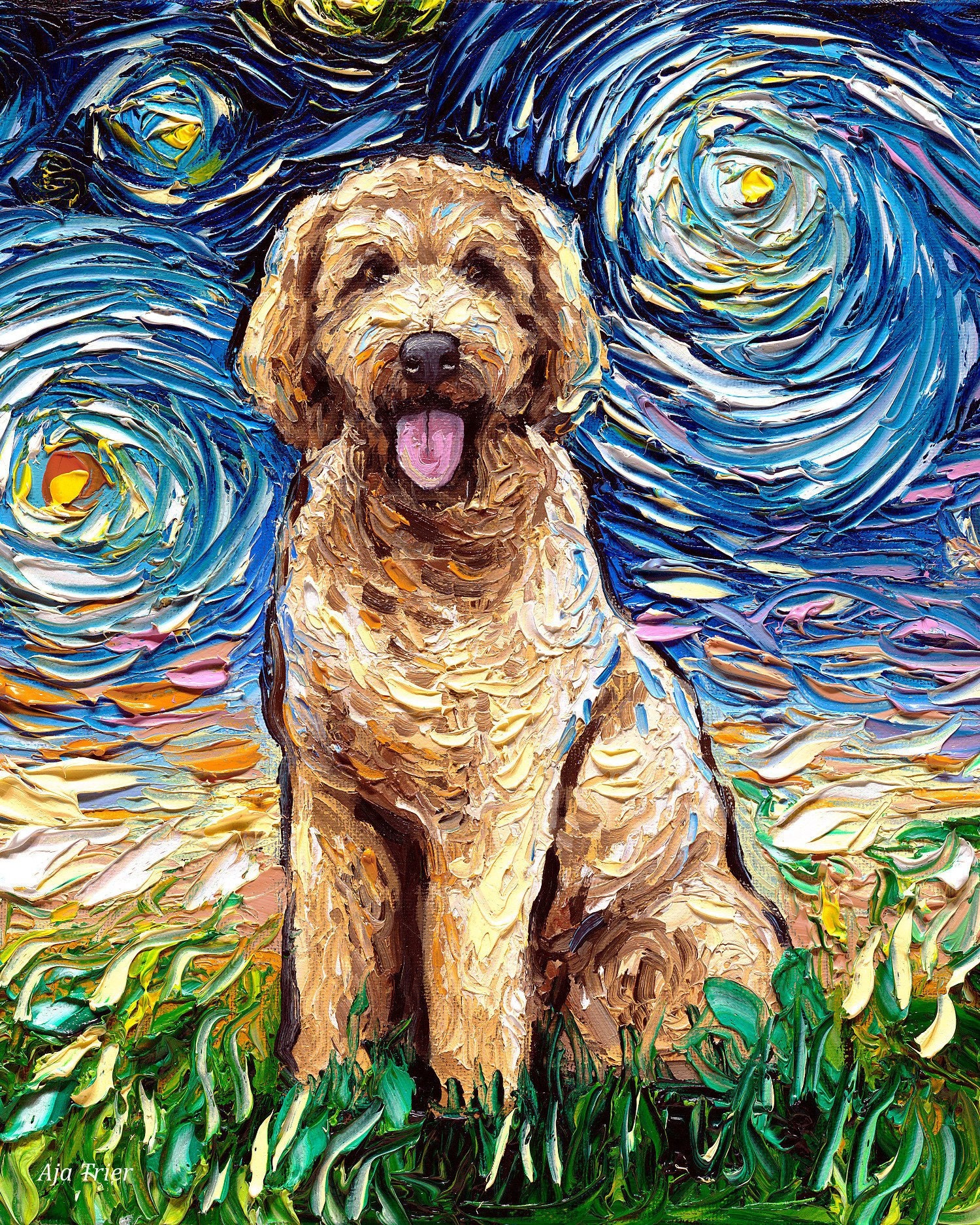 Goldendoodle Art 8x10 Starry Night Print Dog Lover Gift Fluffy