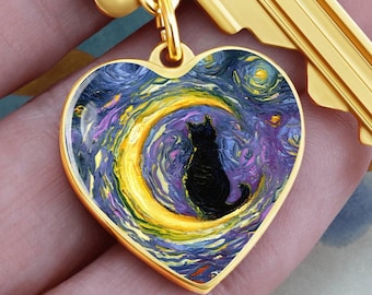 Black Cat Starry Night Heart Keychain, Engraved Crescent Moon Charm