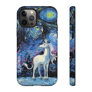 May include: A phone case featuring a white unicorn against a backdrop of a starry night sky in a Van Gogh-inspired style. The case is predominantly blue with swirling brushstrokes and a textured appearance. The side of the case also displays the starry night design.