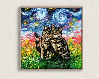 Tabby Cat Starry Night Art Print, Impressionist Feline Home Decor