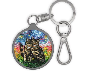 Keychain - Two Sweet Brown Tabby Cats Colorful Tabbies Starry Night Key Chain Keyring tag School Bag Charm Art by Aja