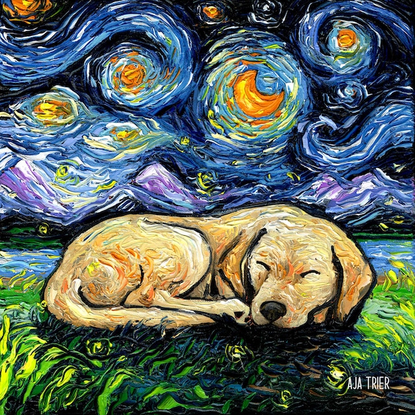 Sleeping Yellow Labrador Starry Night Dog Art CANVAS print by Aja choose size cute pup Pet Memorial Moon Blonde Lab