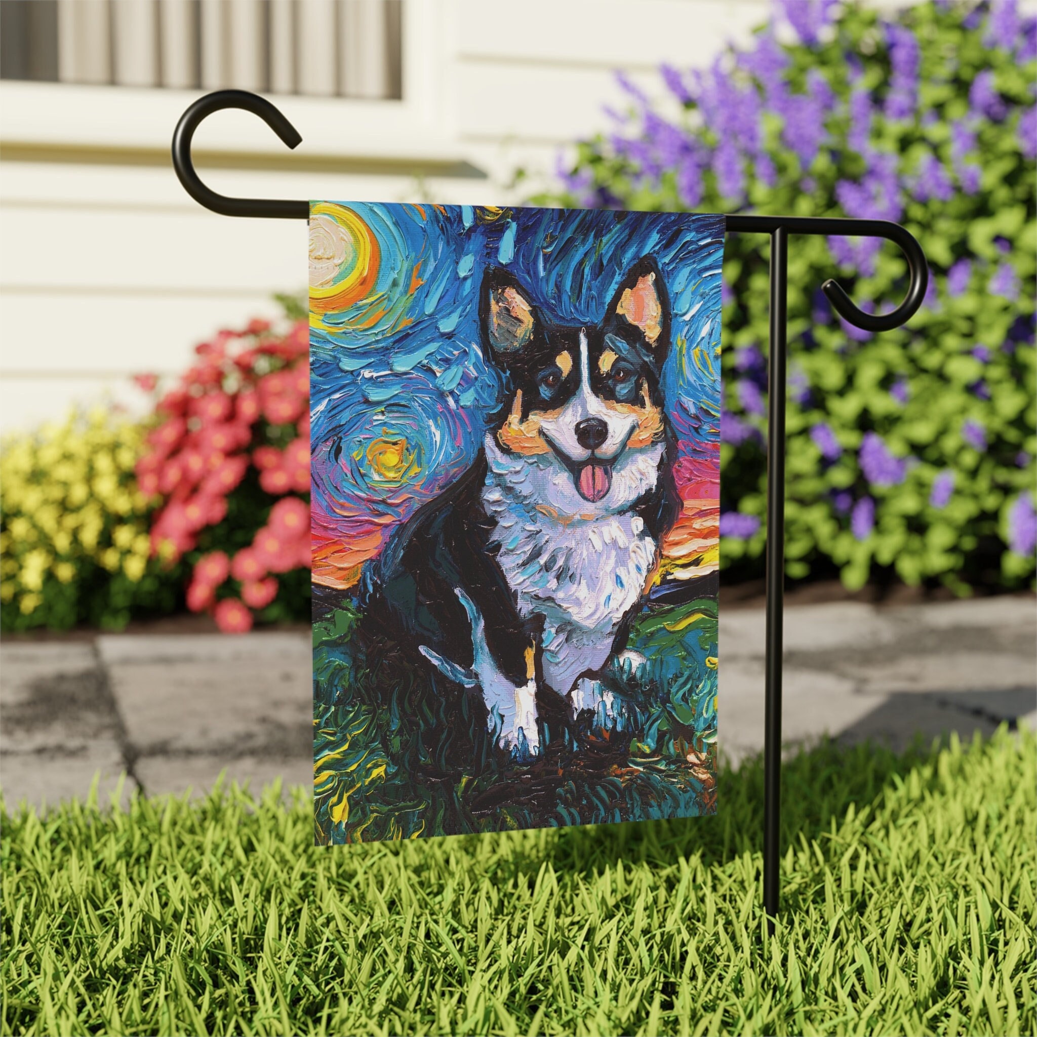 Tri color Pembroke Welsh Corgi Double Sided Yard Flag Starry Night Garden Sign Lawn Decoration Decorative Outdoor Decor Pet Lover's Sign
