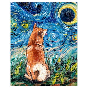 Premium Boxed Puzzles - Shiba Inu Starry Night Art By Aja Rainy Day Activity Game Choose From Multiple Sizes Perfect Gift