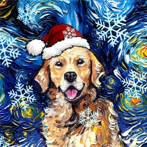 Download digital de Golden Retriever com chapéu de Papai Noel, arte da Noite Estrelada por Aja, arquivo PNG, imprima seu próprio enfeite de Natal / cartão de felicitações