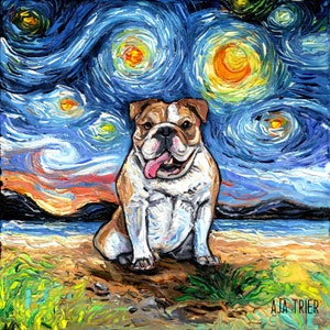 White and Brown Bulldog Starry Night Art CANVAS print Starry Night Ready to Hang wall decor artwork display by Aja