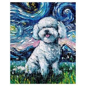 Premium Boxed Puzzles - Bichon Frise Dog Starry Night Art By Aja Rainy Day Activity Game Choose From Multiple Sizes