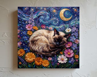 Siamese Cat Cat Floral Art Print Starry Night Home Decor Paper or Canvas