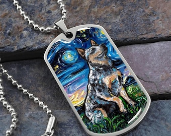 Personalized Blue Heeler Necklace – Engraved Starry Night Pet Pendant Australian Cattle Dog Lover Gift