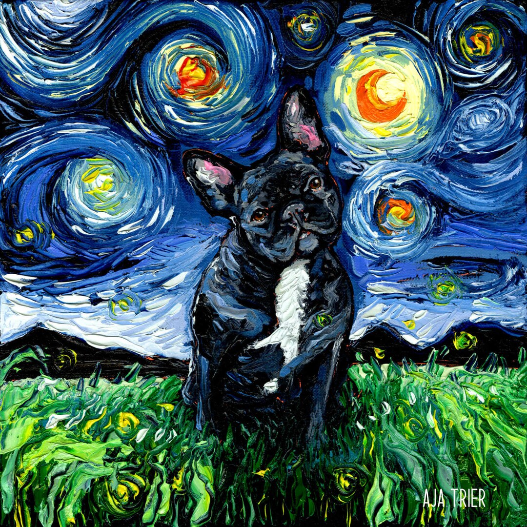 Black and White French Bulldog Frenchie Art Starry Night Art Print