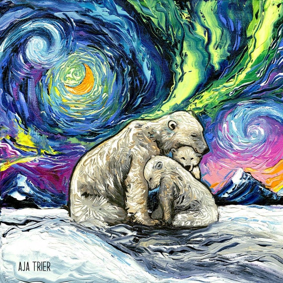 Polar Bear Family, Northern Lights Art Print on Canvas