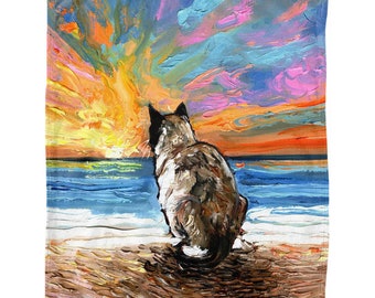 Fleece Throw Blanket 60x50 Inch Beach Days - Snowshoe Siamese Cat Ocean Sunset Art By Aja Home Decor Soft Housewares Free Us Shipping