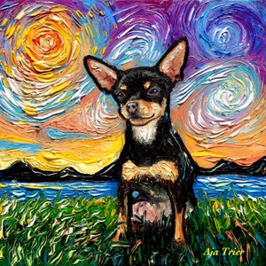 Short Hair Black and Tan Chihuahua Art Sunset Art Print dog lover gift cute art by Aja pup puppy choose size and type of paper