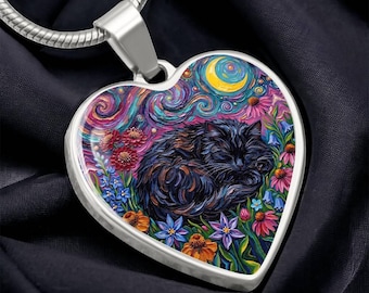 Black Cat Floral Bohemian Art Necklace Custom Jewelry