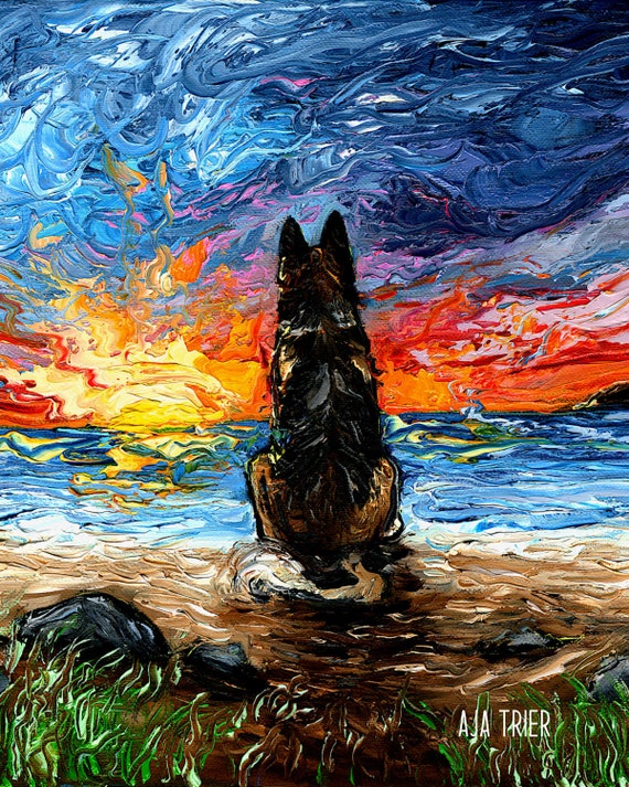 German Shepherd Beach Painting Print GSD Art Dog Wall Art