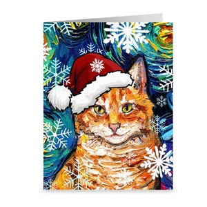 Holiday Folded Greeting Cards Orange Tabby Cat In Santa Hat Starry Night 4.25x5.5 Inches With Envelopes Christmas Stationary