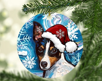 Toy Fox Terrier In Santa Hat Art Starry Night 3x3 Inch Christmas Ornament Printed On Both Sides Ceramic Heirloom Tree Decoration