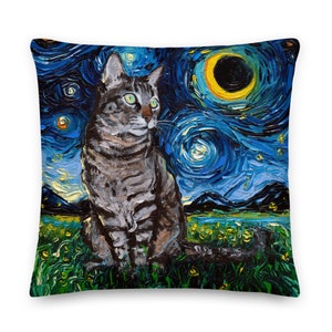 Basic Throw Pillow Tabby Cat and Eclipse Starry Night Art by Aja 16x16 or 20x20 inches stuffed Accent pillow Decor