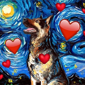 Download digital Cão pastor alemão Valentine Starry Night arte por Aja arquivo PNG para imprimir seus próprios cartões de felicitações Presentes de dia dos namorados