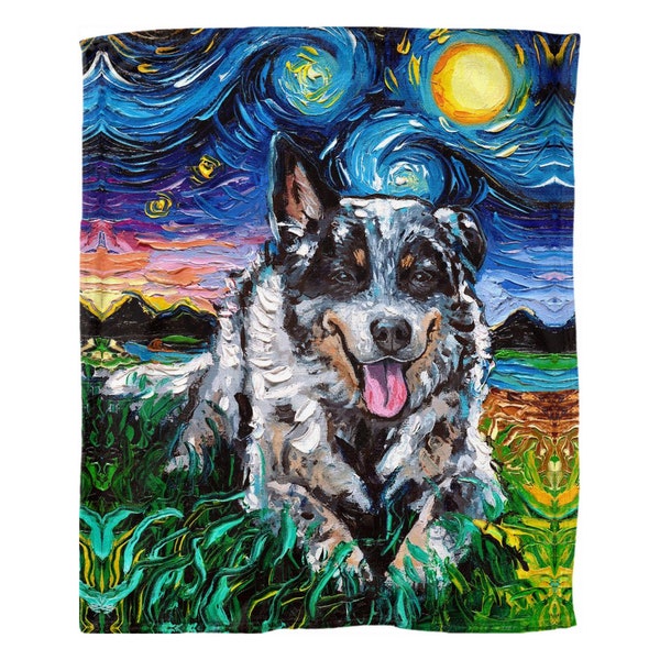 Fleece Throw Blanket Australian Cattle Dog Starry Night Dog 60x50 Inch Blue Heeler Art By Aja Home Decor Soft Housewares