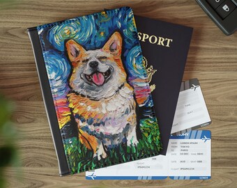 Passport Cover - Smiling Corgi Starry Night Dog Faux Leather Travel Passport and Cards Holder RFID Blocking Wallet Art by Aja