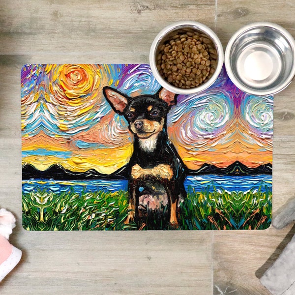 Pet Mat - Black and Tan Short Hair Chihuahua Starry Night Dog Feeding Mat Non-Slip Rubber 12x18 inches Art by Aja Printed in USA