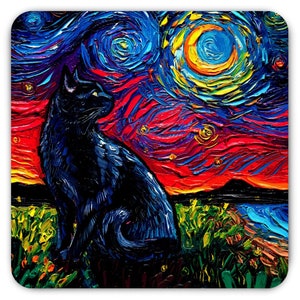 Magnet - Black Cat Starry Night Art Animal Refrigerator Magnet 3x3 Or 4x6 Inch Sizes Choose Feline Decor By Aja