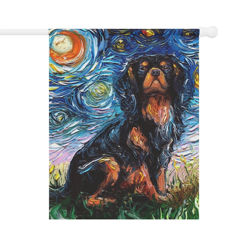 May include: A black and brown Cavalier King Charles Spaniel dog painted in a style reminiscent of Vincent van Gogh's "Starry Night". The dog is sitting in a field of grass with a starry night sky in the background.