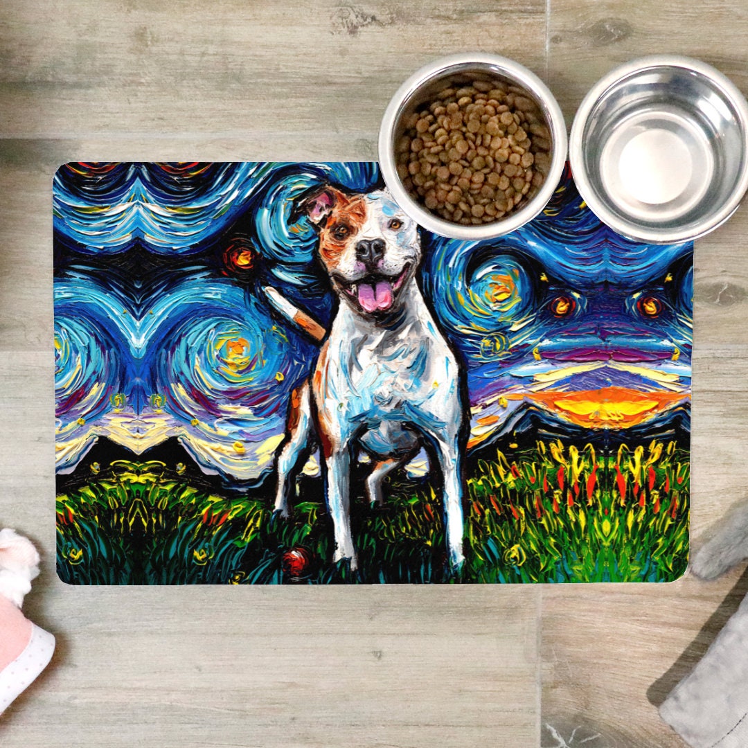 Pet Mat Happy Pitbull Starry Night Dog Feeding Mat Non Slip Etsy