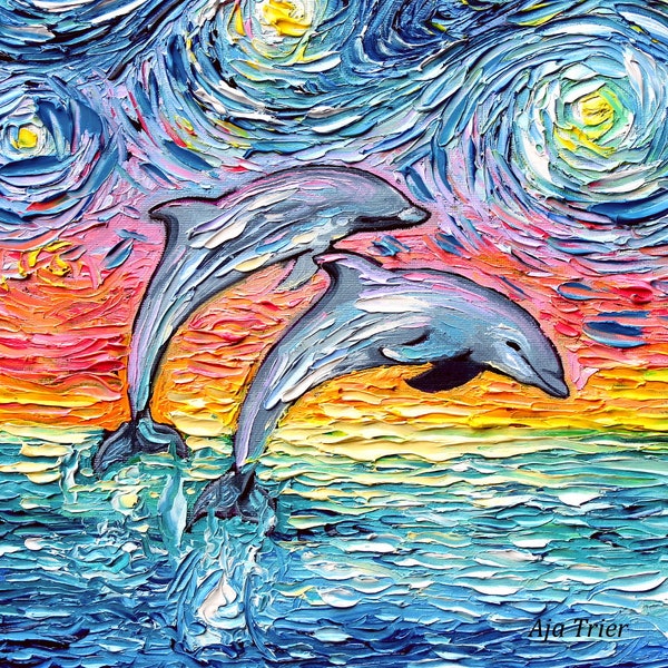 Dolphin Art Print - van Gogh Never Saw Paradise by Aja 8x8, 10x10, 12x12, 20x20, and 24x24 choose size tropical Caribbean rainbow artwork