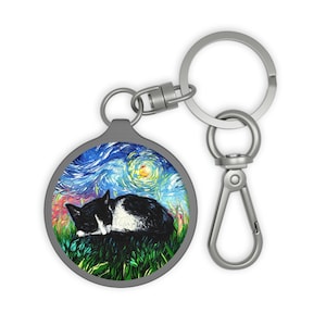 Keychain - Sleeping Tuxedo Kitten Cat Starry Night Key Chain Keyring tag School Bag Charm Art by Aja