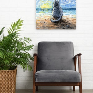 Nebelung Cat Sunset Beach Art Print by artist Aja Trier of Sagittarius Gallery