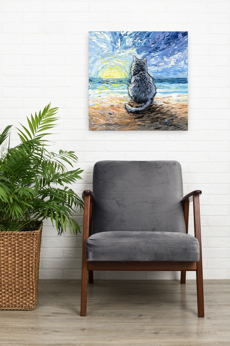 Nebelung Cat Sunset Beach Art Print by artist Aja Trier of Sagittarius Gallery