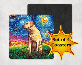 Coasters Set of 4 Square Yellow Labrador Starry Night Dog 4x4 in Antiskid Neoprene Rubber Back and Fabric Top Art by Aja Etsy