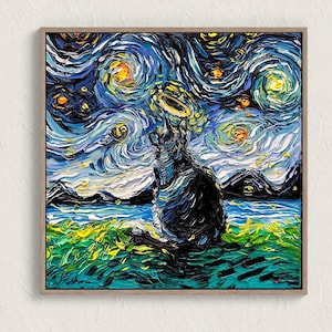 May include: A black cat with a halo sits in a field of green grass under a swirling blue and white starry night sky. The painting is done in a style reminiscent of Vincent van Gogh's "Starry Night."