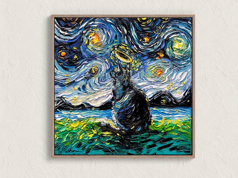 May include: A black cat with a halo sits in a field of green grass under a swirling blue and white starry night sky. The painting is done in a style reminiscent of Vincent van Gogh's "Starry Night."