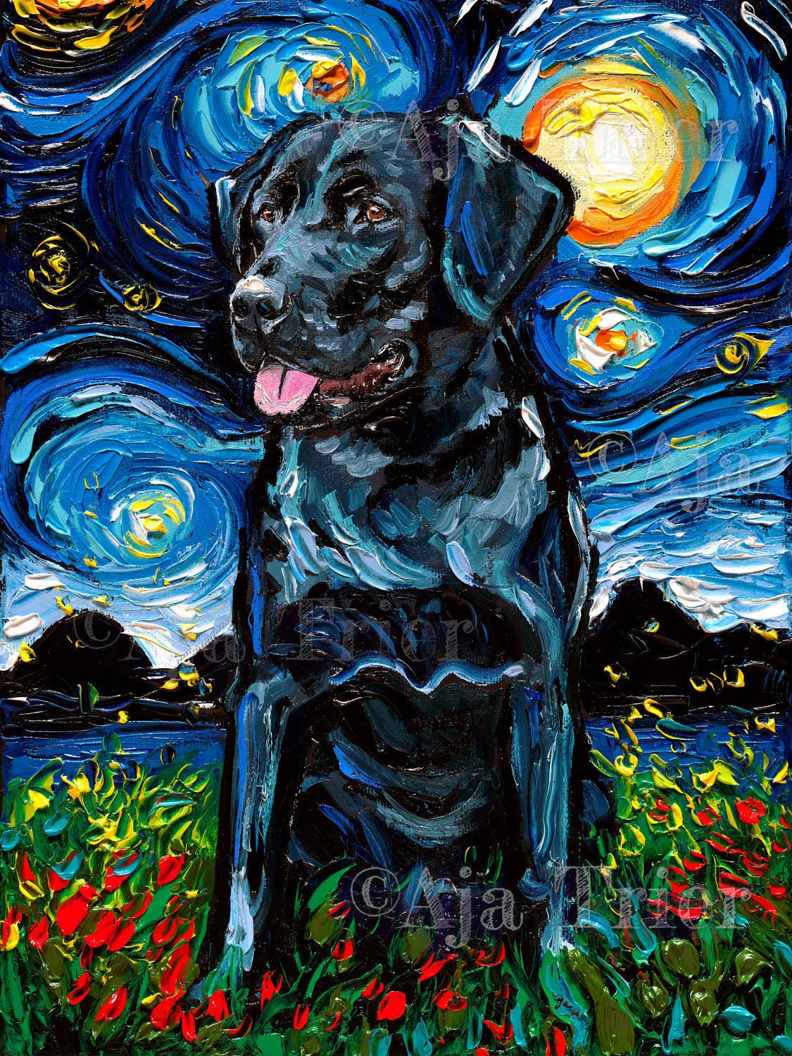Seated Black Labrador Lab Art Starry Night Art Print Dog Cute Art