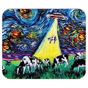 May include: A colorful, abstract painting in the style of Van Gogh depicting a UFO beaming down on a field of black and white cows. The sky is a swirling mix of blue, yellow, red, and green, with stars and a bright yellow beam of light emanating from the UFO.
