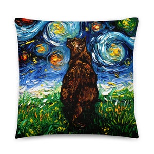 May include: A black cat looking up at a starry night sky painted in the style of Vincent van Gogh. The cat is standing in a field of green grass. The painting is done in a thick, impasto style, with visible brushstrokes.