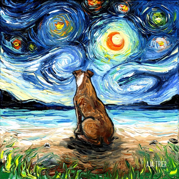 Beach Nights Brown Pitbull Starry Night dog Art CANVAS print by Aja choose canine cute pup animal wall art picture artwork home decor